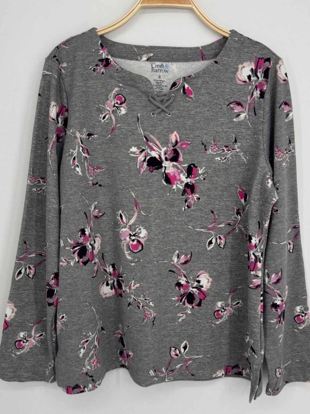 Croft & Barrow Floral Lace Up Neck Long Sleeve Top XL Gray Pink Casual Classic